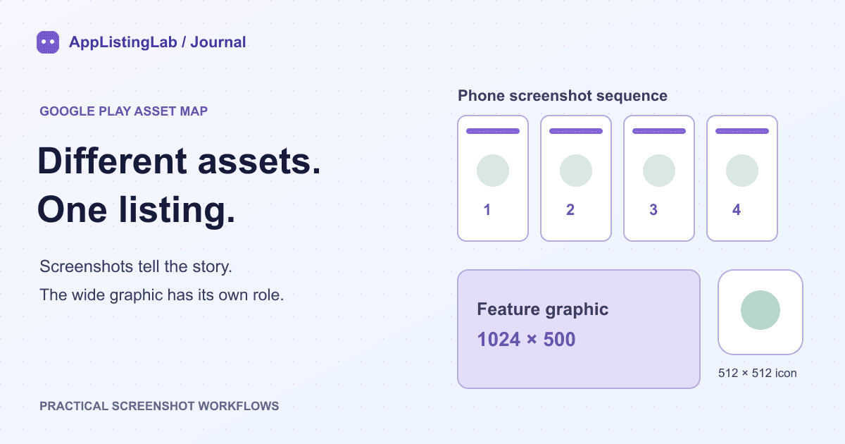 Google Play asset map showing four portrait screenshot files alongside a separate 1024 by 500 feature graphic and a 512 by 512 store icon.