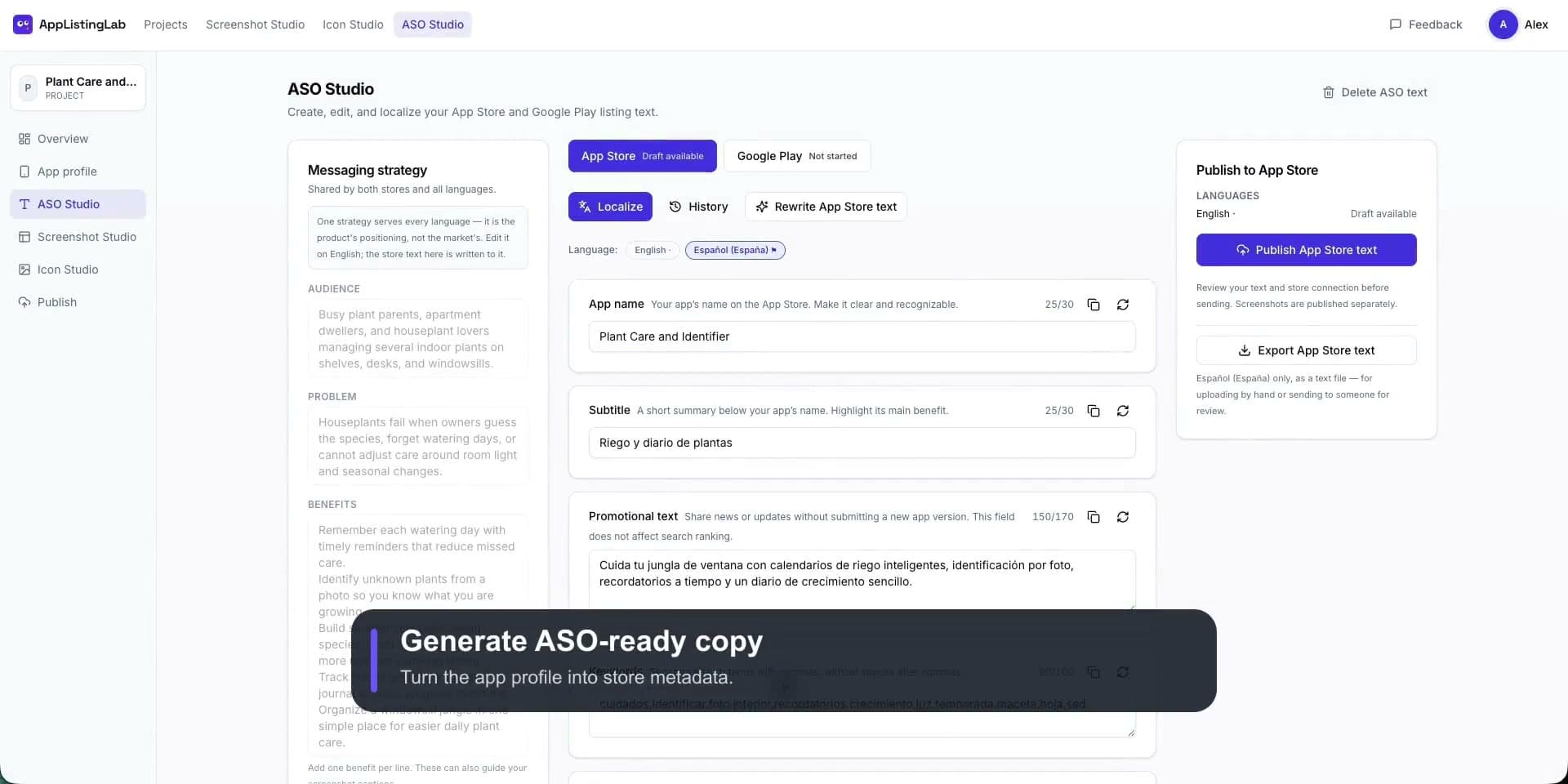 ASO Studio showing App Store text fields, store selection, localization, revision history, and export in the Plant Care walkthrough