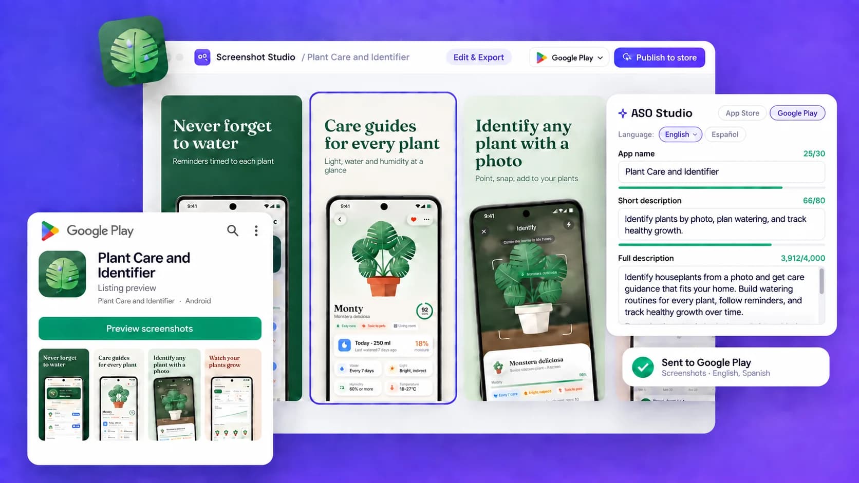 Illustrative Plant Care Google Play screenshot set with Android previews, localized listing text, and a listing preview
